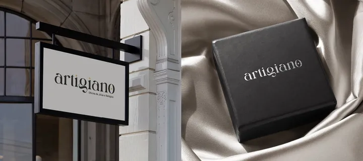 Aplicações da marca Artigiano: uma placa suspensa com o logotipo na fachada de um prédio, à esquerda, e uma caixa preta com o logotipo em prata sobre cetim, à direita