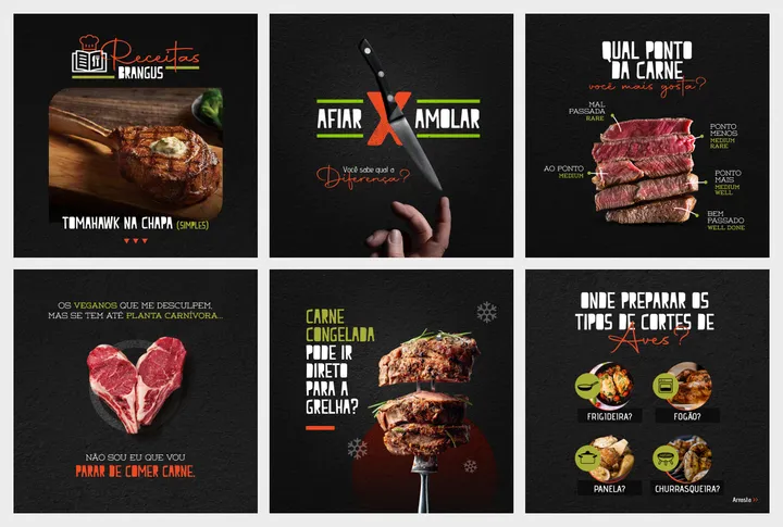 Seis posts da Brangus sobre fundo preto: tomahawk na chapa, afiar ou amolar a faca, pontos da carne e cortes de aves