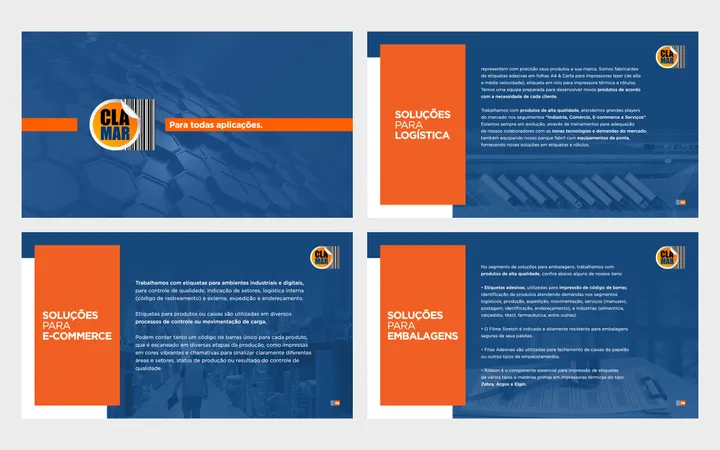 Páginas da apresentação comercial da Clamar, com blocos laranja sobre azul, para logística, e-commerce e embalagens