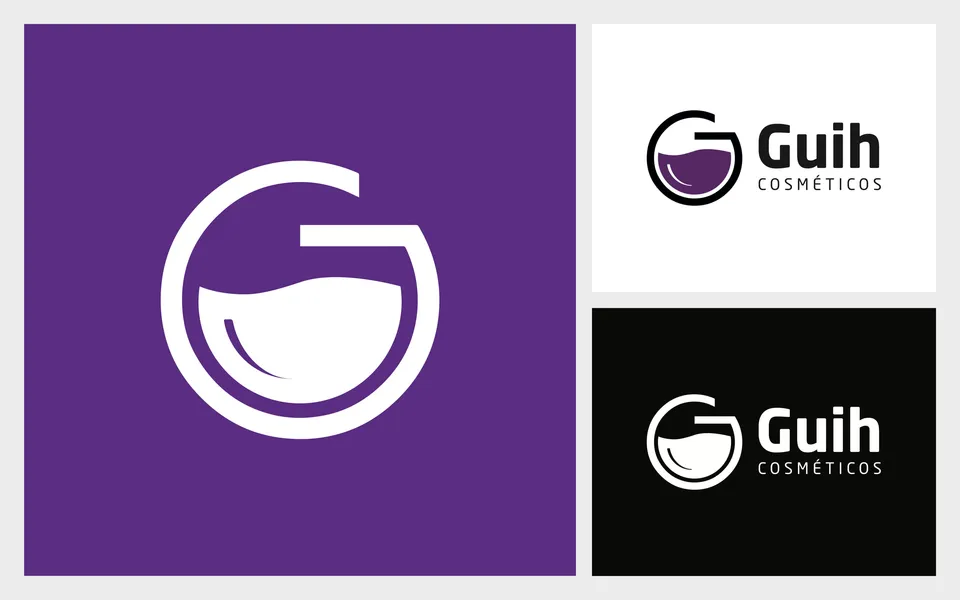 Logo da Guih Cosméticos: o G em forma de frasco, branco sobre roxo, com as versões horizontais