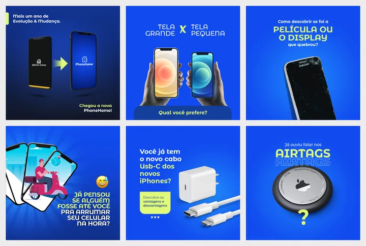 Seis posts da Phonehome em azul e verde-limão: tela grande contra tela pequena, película ou display, cabo USB-C e AirTags