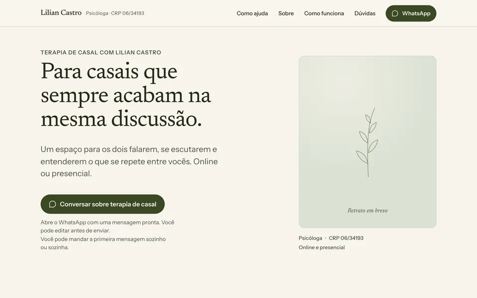 Primeira tela do site de Lilian Castro, psicóloga