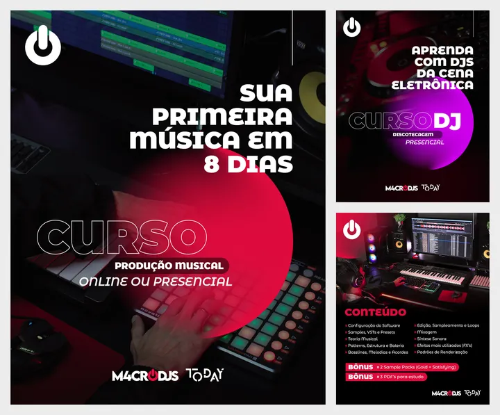 Três posts da M4CRO DJs em preto com vermelho e magenta: curso de produção musical online ou presencial e curso de DJ