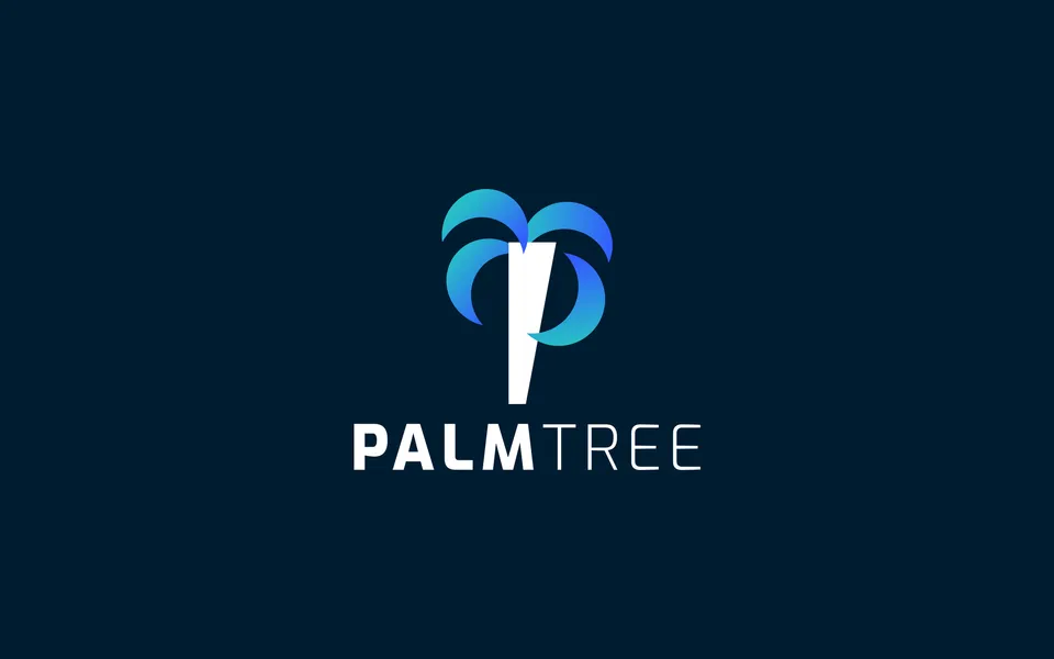 Logo da Palmtree, uma palmeira com folhas em degradê azul e o tronco em forma de P, sobre azul-marinho