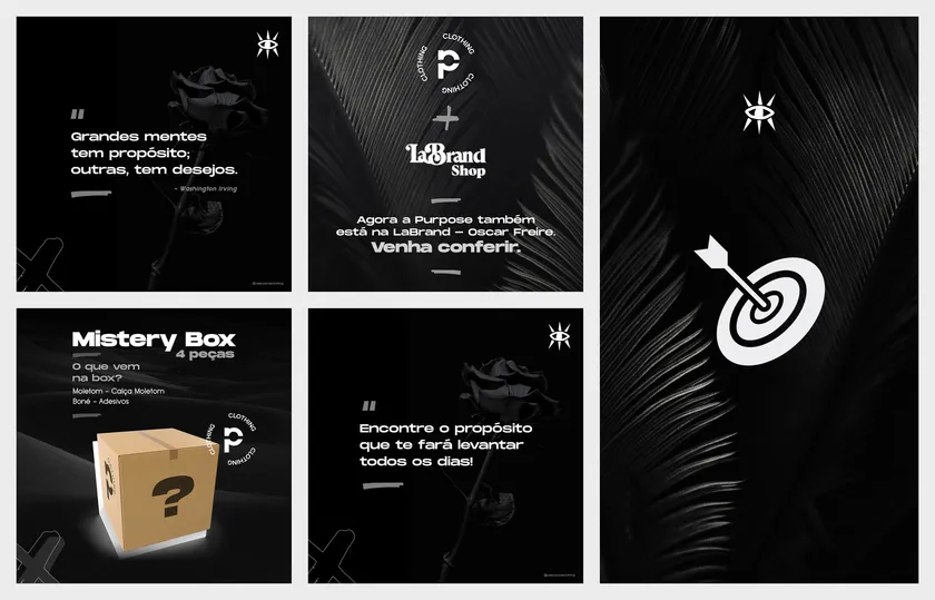 Posts da Purpose em preto e branco, com folhas e rosas escuras: frases sobre propósito, a Mistery Box e um alvo com flecha