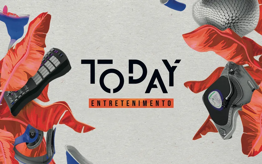 Logotipo Today Entretenimento em letras pretas com cortes geométricos e a palavra ENTRETENIMENTO numa faixa laranja, cercado por uma colagem de folhas vermelhas, toca-discos, controladora de DJ, globo espelhado e copos azuis